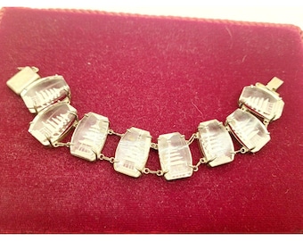 Antique Art Deco Silver Glass Intaglio Asian Pagoda Motif Bracelet