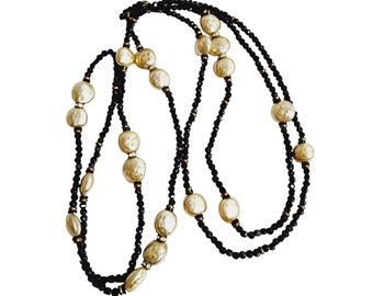 Vintage Long Crystal & Pearlized Metal Necklace (A1427)
