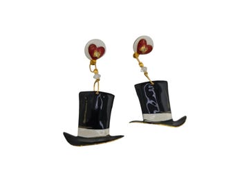 Vintage Enameled Top Hat Pierced Earrings Attributed To Lunch At The Ritz