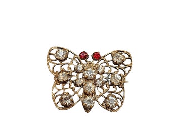 Vintage Early Rhinestone Riveted Filigree Butterfly Brooch (A3938)