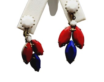 Vintage Patriotic Rhinestone Dangle Clip Earrings (A1882)