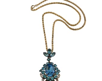Vintage Unsigned Rhinestone And Glass Pendant Necklace (A7110)