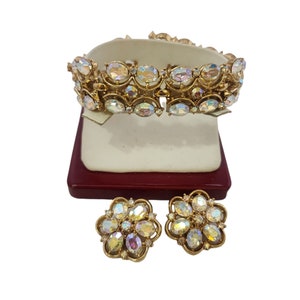 Vintage firmado corona Trifari Rhinestone pulsera conjunto (A3814)