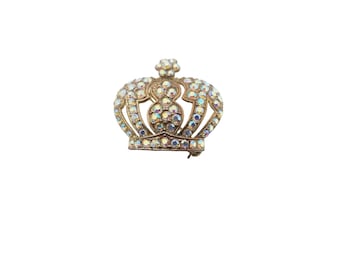 Vintage Unsigned AB Rhinestone Crown Brooch Pendant (A3196)