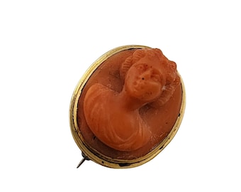 Antique Rare Raised Coral Lady Brooch with 14kt Gold Bezel (A5304)