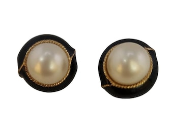 Vintage Ciner Black Enamel & Faux Pearl Clip-On Earrings (A5782)