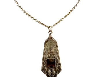 Antique Edwardian Filigree Glass Pendant Necklace (A4527)