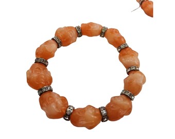 Vintage Coral Tone Resin Buddha Bracelet NOS (A4336)
