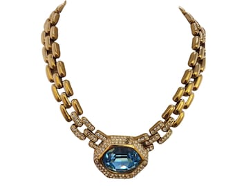 Vintage Rare Signed Ciner Aqua Blue Faceted Glass & Rhinestone Collar Necklace