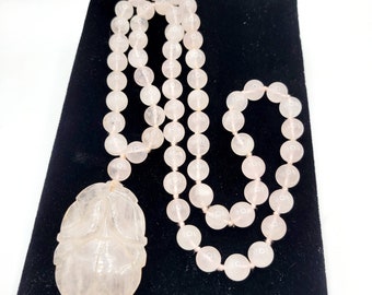 Vintage Hand Knotted Rose Quartz Pendant Necklace