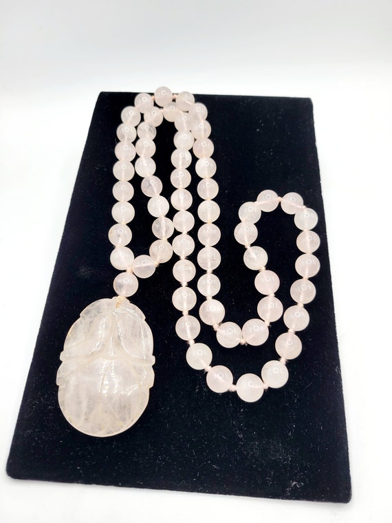 Vintage Hand Knotted Rose Quartz Pendant Necklace