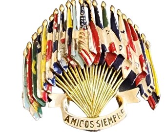 Vintage Signed Coro Early Amigos Siempre Dimensional Flag Brooch (A2710)