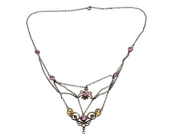 Antique Edwardian Glass Lavalier Festoon Necklace w/ Pink Faceted Glass (A8680)