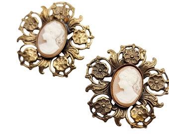 Vintage Cameo & Brass Earrings (A5071)