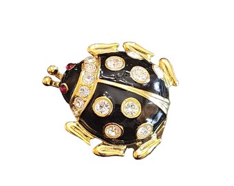 Vintage 80s Signed Casual Corner Rhinestone Enamel Ladybug Brooch (A1674)