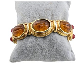 Fab 80s Signed Etruscan Style Cuff Bracelet With Melon Glass Cabochons (A7916)