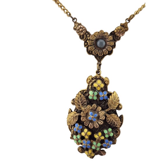 Antique Brass & Enamel Floral Pendant Necklace (A… - image 2