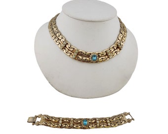 Vintage 40s Cobra Chain & Rhinestone Necklace Bracelet Set (A3297)