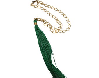Vintage Signed Bee Charming NOS Green Silk Cord Huge Tassel Link Chain Necklace