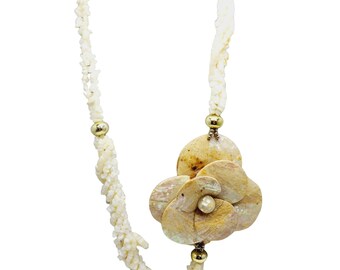 Vintage Shell & Stone Asymmetrical Flower Necklace (A891)