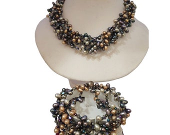 Vintage Real Dyed Rice Pearl, Crystal, Sterling Necklace & Bracelet Set (A3591)