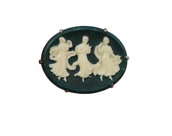 Antique Dancing Ladies Glass Cameo Style Brooch (A8046)
