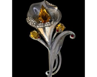 Vintage Calla Lily Silvertone Brooch With Paste Stones (A7310)