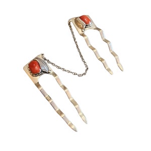 Horquillas de pelo con sello de contraste de coral esterlina navajo vintage con cadena (A2137)