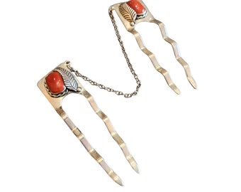 Vintage Navajo Sterling Coral Hallmarked Hair Forks with Chain (A2137)
