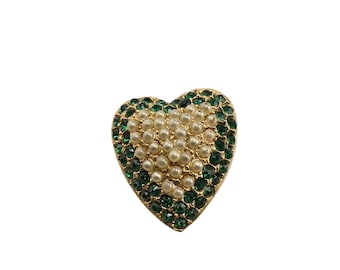 Vintage Pave Faux Pearl and Rhinestone Heart Brooch (A8120)