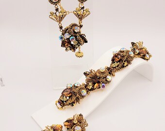 Amazing VTG Brass & Rhinestone Germany Blingy Demi Parure Necklace Set