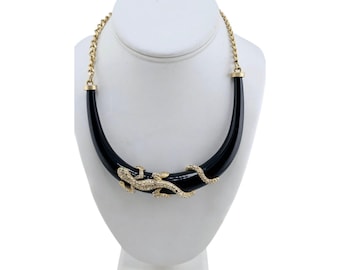 Vintage 90s ABS Rhinestone Lizard Collar Necklace Black Enamel Statement Piece
