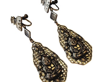 Vintage Dangling Brass Buddha Screw Back Clip Earrings (A2237)