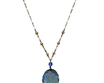 Art deco Etched Glass Pendant on Original Paperclip Chain Necklace (A5839)