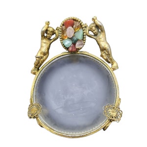 Unusual Vintage Semi Precious Dore Bronze Cherub Footed Glass Trinket Dish A1944