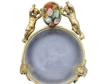 Unusual Vintage Semi Precious Dore Bronze Cherub Footed Glass Trinket Dish A1944