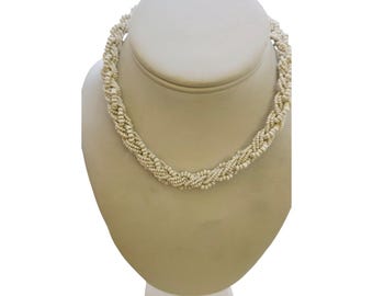 Vintage Milk Glass Braided Seed Bead Necklace (A8243)