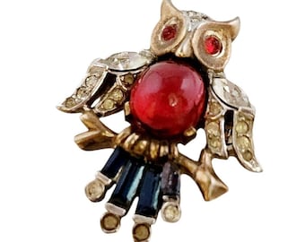 Vintage Signed Trifari Alfred Philippe Jelly Belly Style Tiny Owl Brooch (A5864)