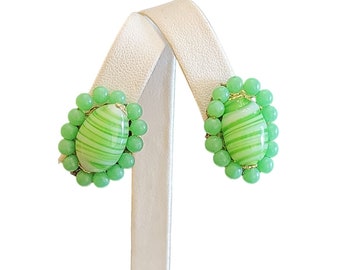 Vintage Striated Glass Clip Earrings (A2725)