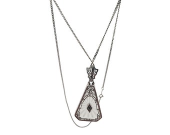 Antique Sterling Camphor Glass Pendant On 14kt Gold Chain Necklace (A3277)