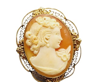 Vintage 14kt Filigree Shell Cameo Pendant Brooch (A965)