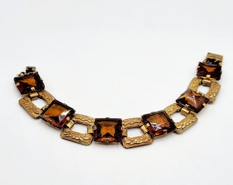 Wonderful Faceted Czech Glass & Floral Brass Link Bracelet (A119)