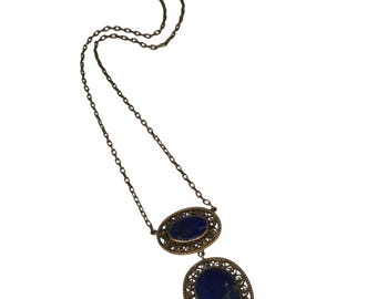 Antique Stone (Lapis Style) Filigree Drop Necklace (A9338)