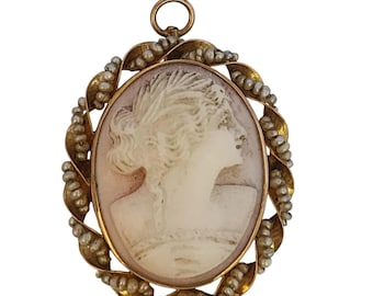 Antique Pink Shell Cameo 14kt Gold & Seed Pearl Brooch/Pendant (A5318)