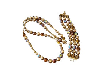 Vintage Glass Pearl & Crystal Necklace Bracelet Set (A2942)