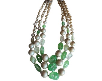 Vintage Japan All Glass Pearl & Art Glass Triple Strand Necklace (A4242)