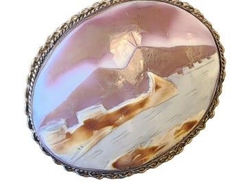 Antique Wonderful Carved Landscape Shell Brooch Pendant Sterling Marked Argentat