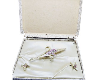 Vintage Unsigned Rhinestone Brooch Earrings Set (A1095)