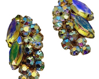 Vintage AB Yellowish Lilac Rhinestone Designer Earrings (A838)