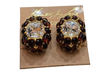 Vintage NOS Kenneth Jay Lane Couture Glass Cabochon Clip Earrings (A9328)